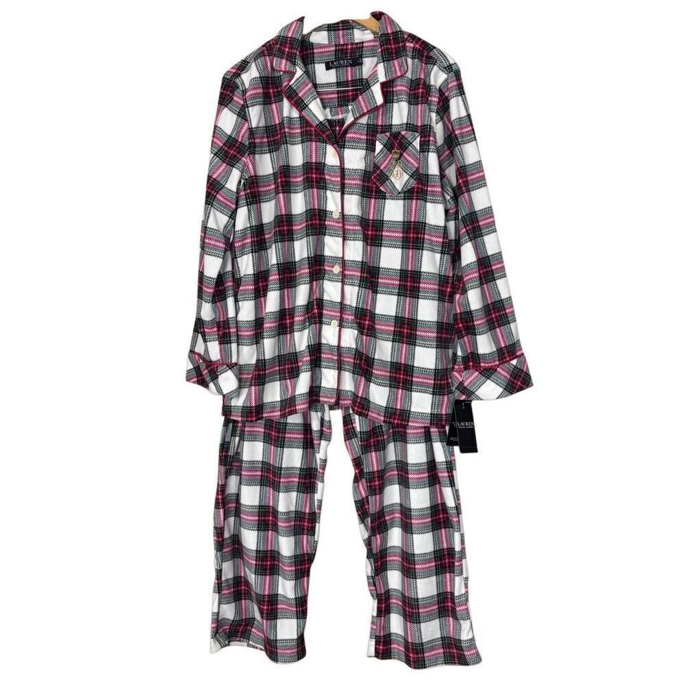 Lauren Ralph Lauren Cream Red Plaid Soft Fleece Pajama 2 PC Set XL Women’s new - Picture 2 of 10